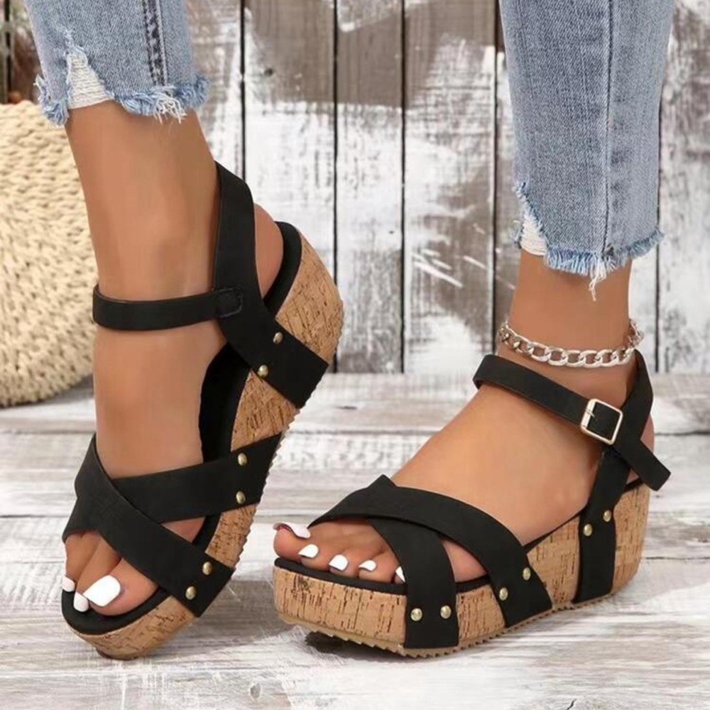 Cork Wedge Black Strap Sandals